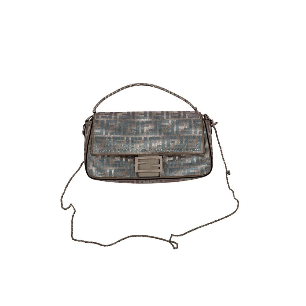 Fendi Baguette Medium Iridescent Crystal FF Blue White Silver Suede Shoulder Bag